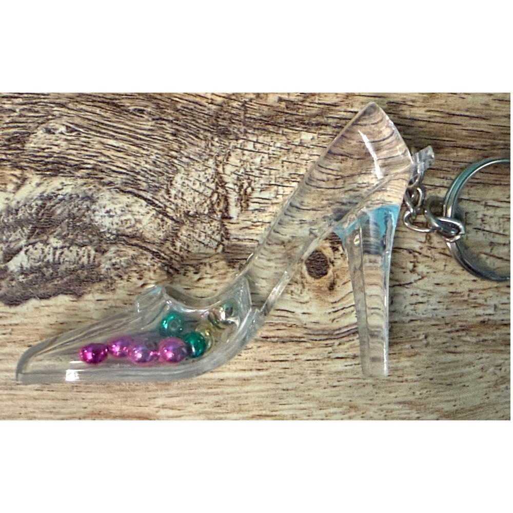 High Heel Shoe Keychain Bag Charm Clear Bead Filled Stiletto Whimsical Y2K Fun